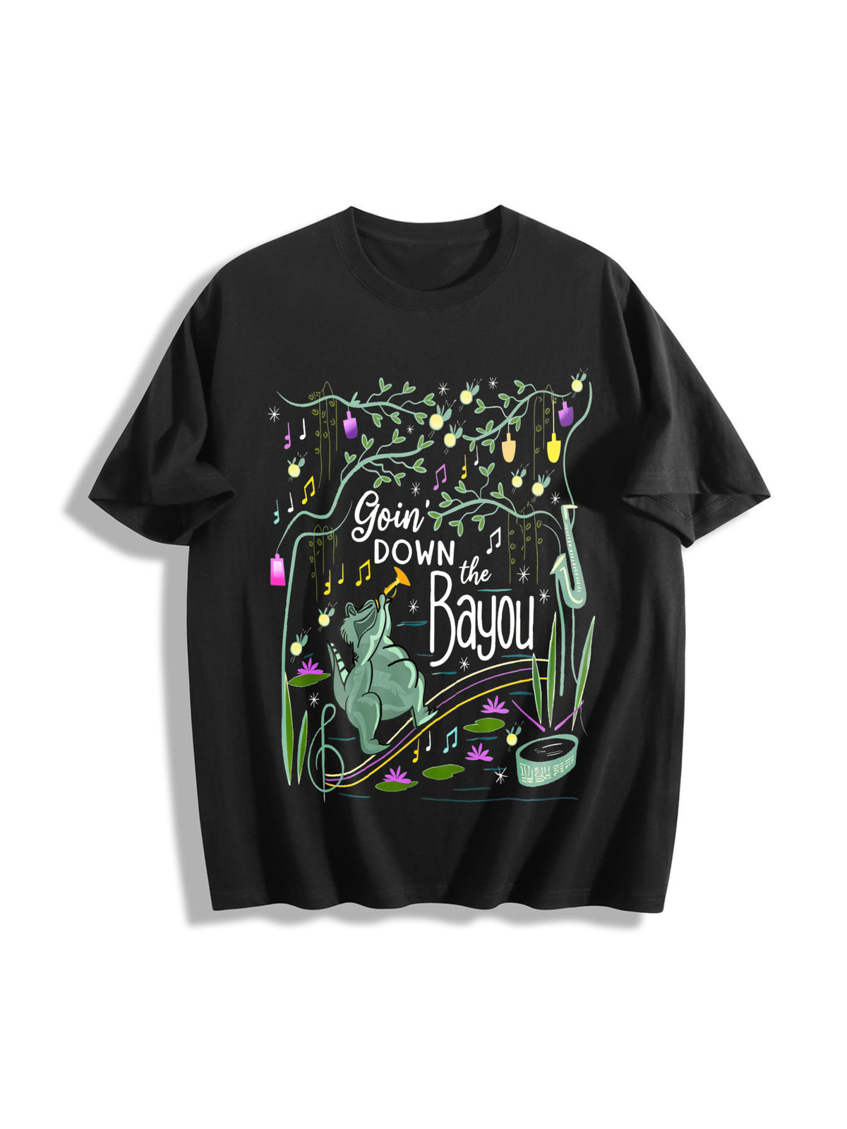 New Orleans Bayou Goin Down the Bayou Cotton T-Shirt in Black