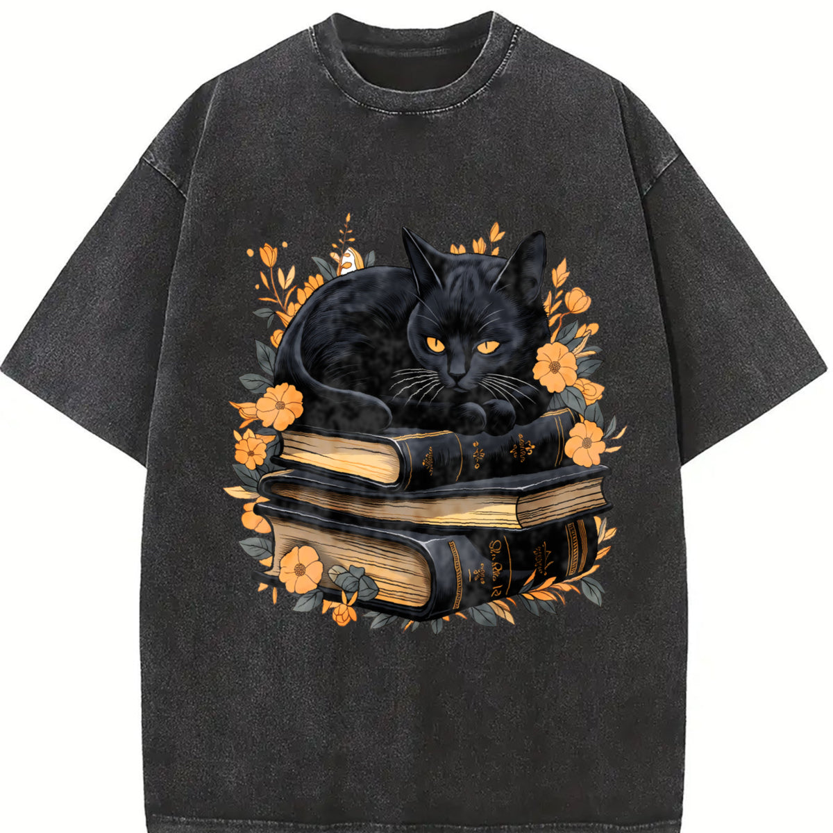 Cat on Book with Autumn Leaves All Seasons Vintage Washed T-Shirt in Black