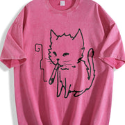 Cat Smoking Y2k Vintage Washed T-Shirt in Red