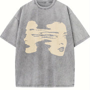 Fun Retro Shriek Rock Patterned Grid Vintage Washed T-Shirt in Gray