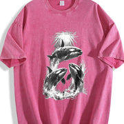 Killer Whales Retro Marine Life Orca Vintage Washed T-Shirt in Red