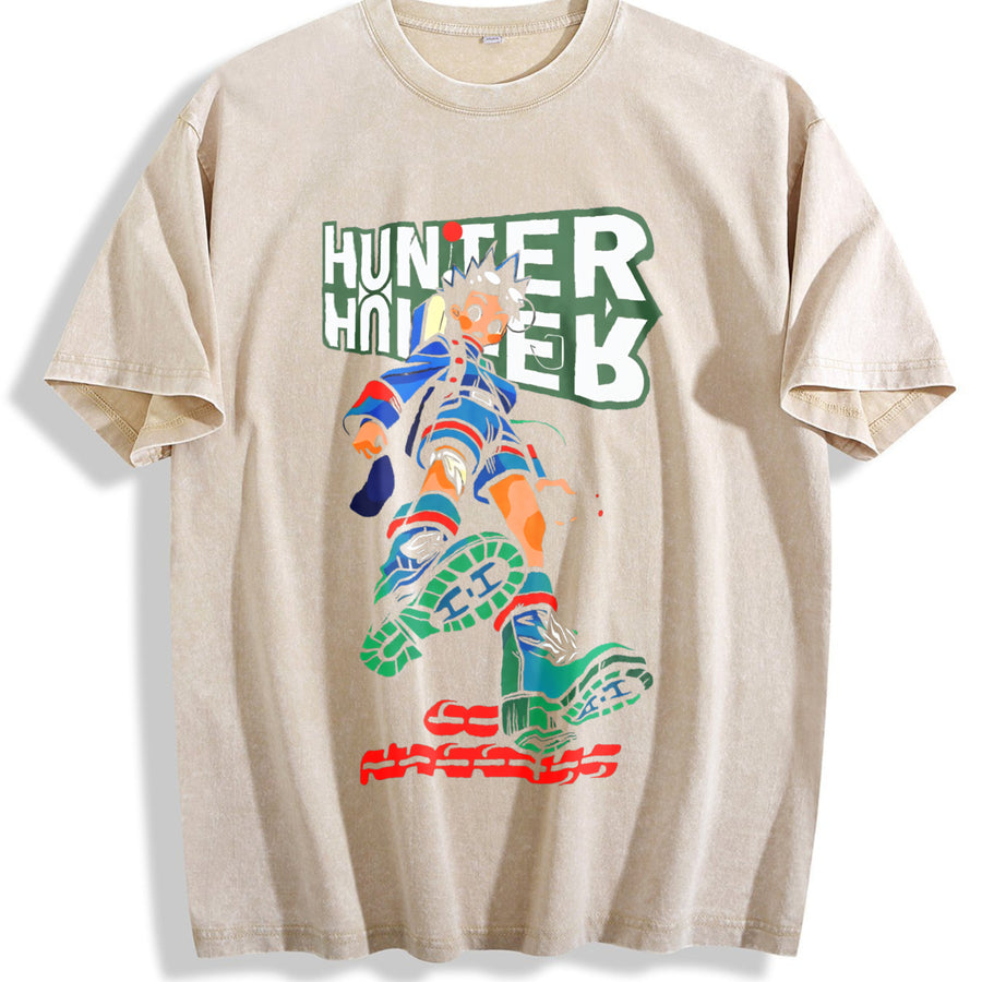Gon HXH Wild Hunter Boy – with Green Aura Fighter vintage washed oversized T-shirt in Beige