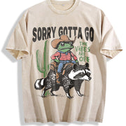 Raccoon Cowboy Frog Retro Vintage Washed T-Shirt in Beige