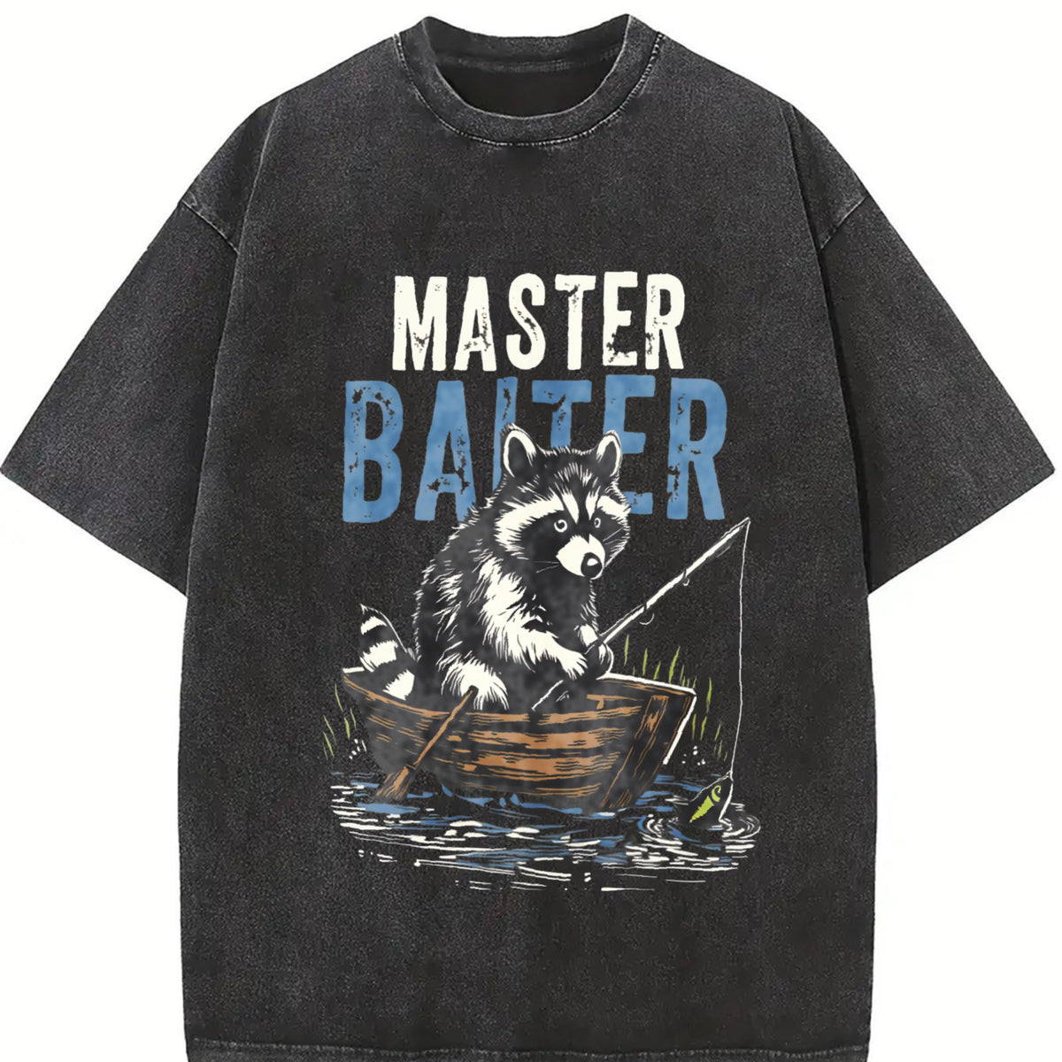 Retro Master Baiter Raccoon Fishing Vintage Washed T-Shirt in Black