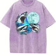 Three Sharks Retro Shark Moon Vintage Washed T-Shirt in Purple
