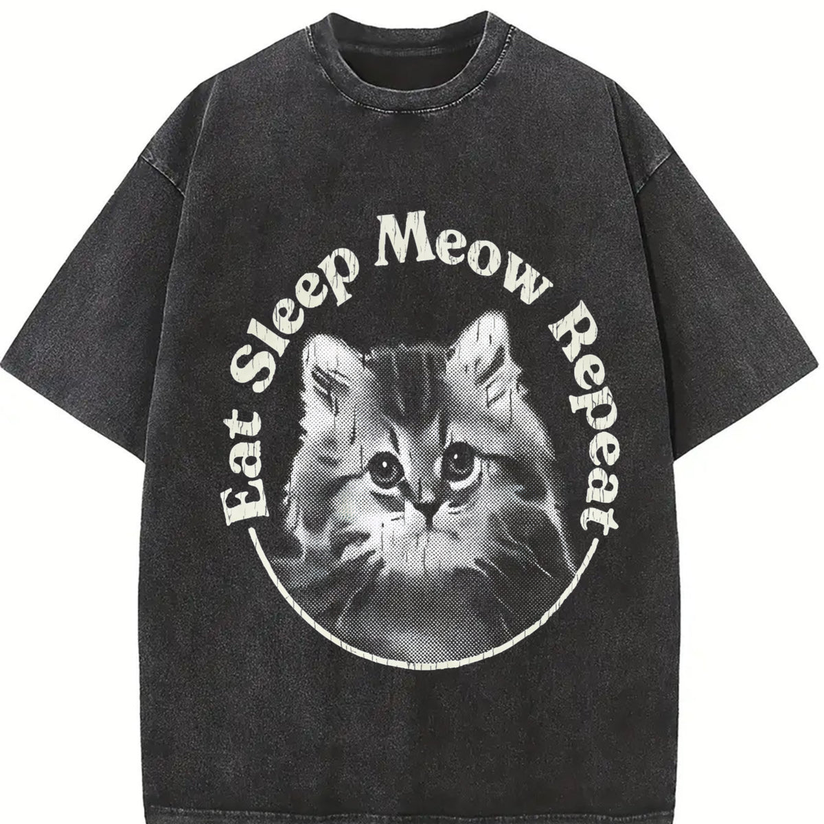 Eat Sleep Meow Repeat Cute Kitten Lovers for Ladies Cute Vintage Washed T-Shirt in Black