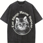 Eat Sleep Meow Repeat Cute Kitten Lovers for Ladies Cute Vintage Washed T-Shirt in Black