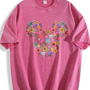 Floral Mouse Head Whimsical Ears Vintage Washed T-Shirt in Red