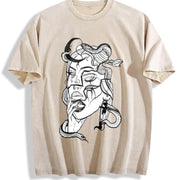 Black and White Snake-hair Medusa Dark Illustration Orca Vintage Washed T-Shirt in Beige
