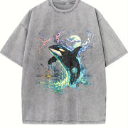 Orca Midnight 90s Retro Killer Whale Vintage Washed T-Shirt in Gray