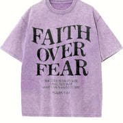 Retro 230 Pure 'FAITH OVER FEAR' Letter Fashionable vintage washed oversized T-shirt in Purple