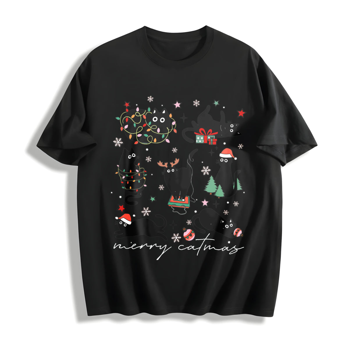 Merry Catmas Christmas Cat Cotton T-Shirt in Black