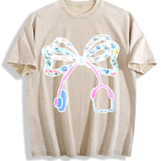 Batik Christmas Floral Bow Vintage Washed T-Shirt in Beige