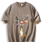 Christmas Reindeer Cute Christmas Vintage Washed T-Shirt in Brown