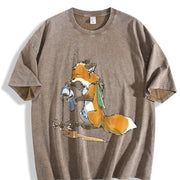 Ladies' Autumn Fuzzy Fox Mistakenly Spills Water Cartoon Vintage Washed T-Shirt in Brown