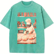 Biscuit Cat Baking Vintage Washed T-Shirt in Blue