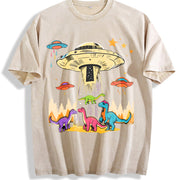 Mint Green Nostalgic Sci-fi Vintage Washed T-Shirt in Beige
