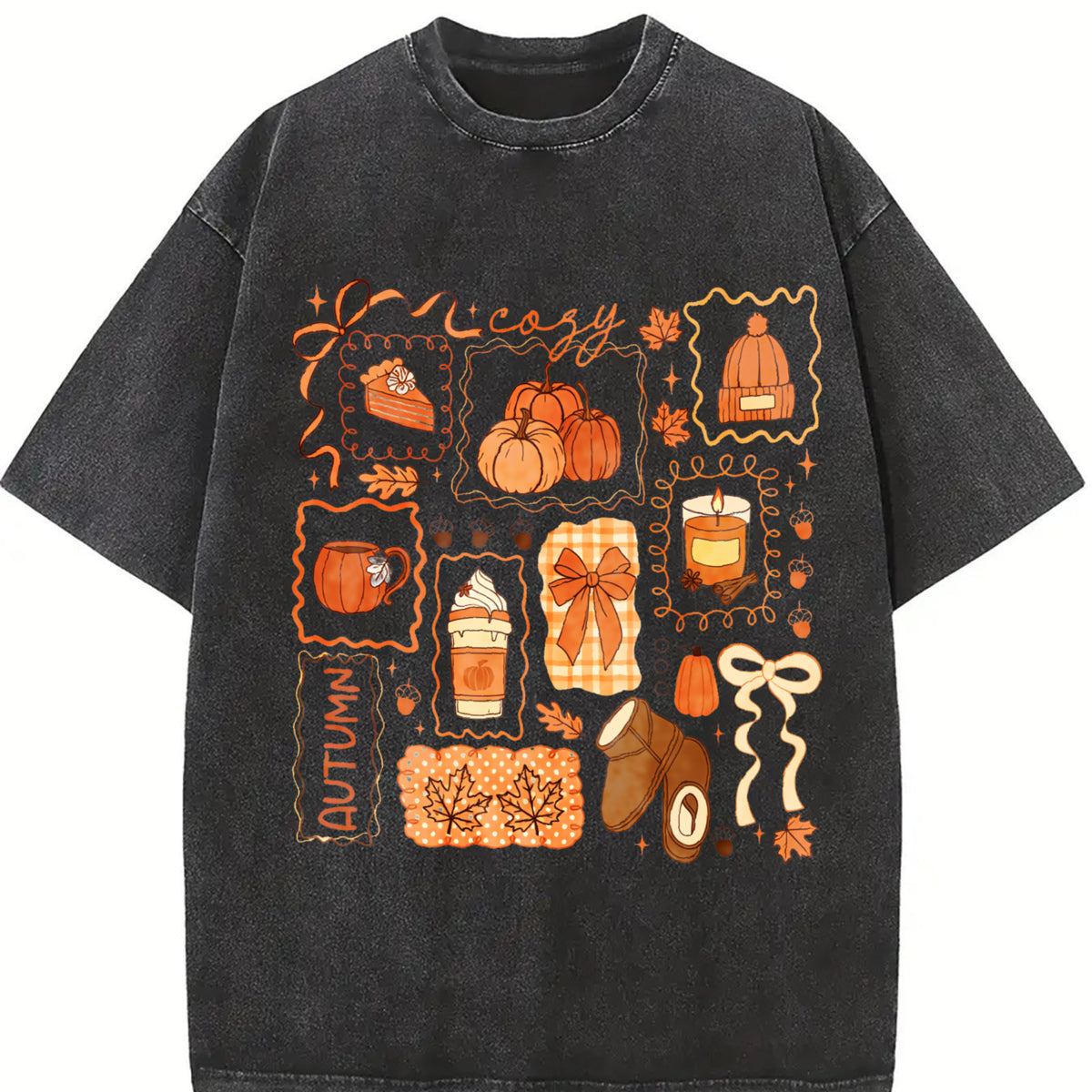 Preppy Fall Bow Pumpkin Pullover Vintage Washed T-Shirt in Black