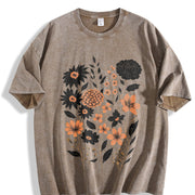 Pressed Flowers Botanical Floral Vintage Washed T-Shirt in Brown