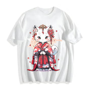 Animal Series Spring/: Cat in a Kimono Cotton T-Shirt in White