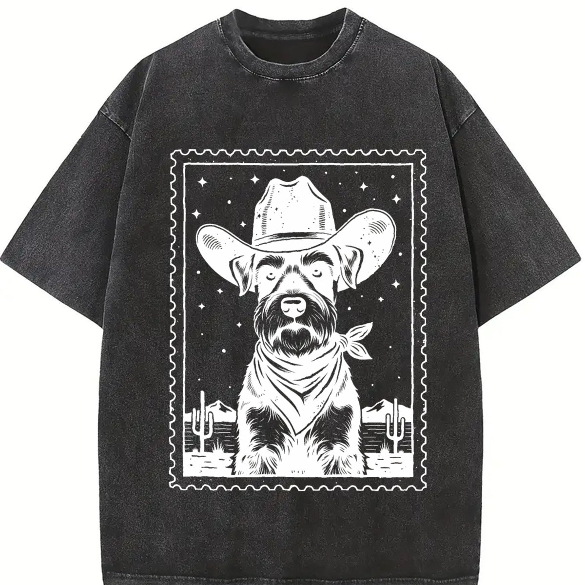 Retro Cowboy Schnauzer Stamp Vintage Washed T-Shirt in Black