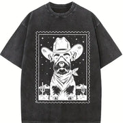 Retro Cowboy Schnauzer Stamp Vintage Washed T-Shirt in Black