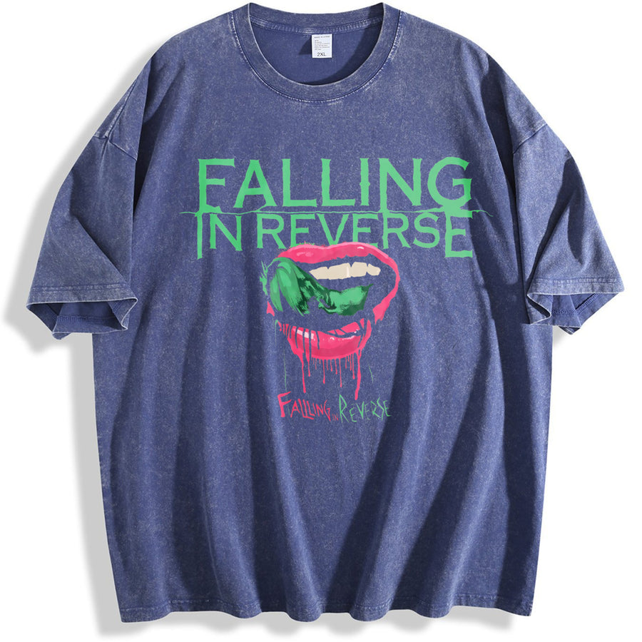 Retro Falling in Reverse Lips band Rock Band Heavy vintage washed oversized T-shirt in Blue