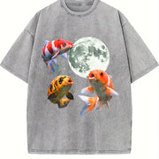 Koi Fish Howling at Moon 90s Vintage Washed T-Shirt in Gray