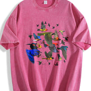 Bird Migration Retro Nature Wildlife Vintage Washed T-Shirt in Red