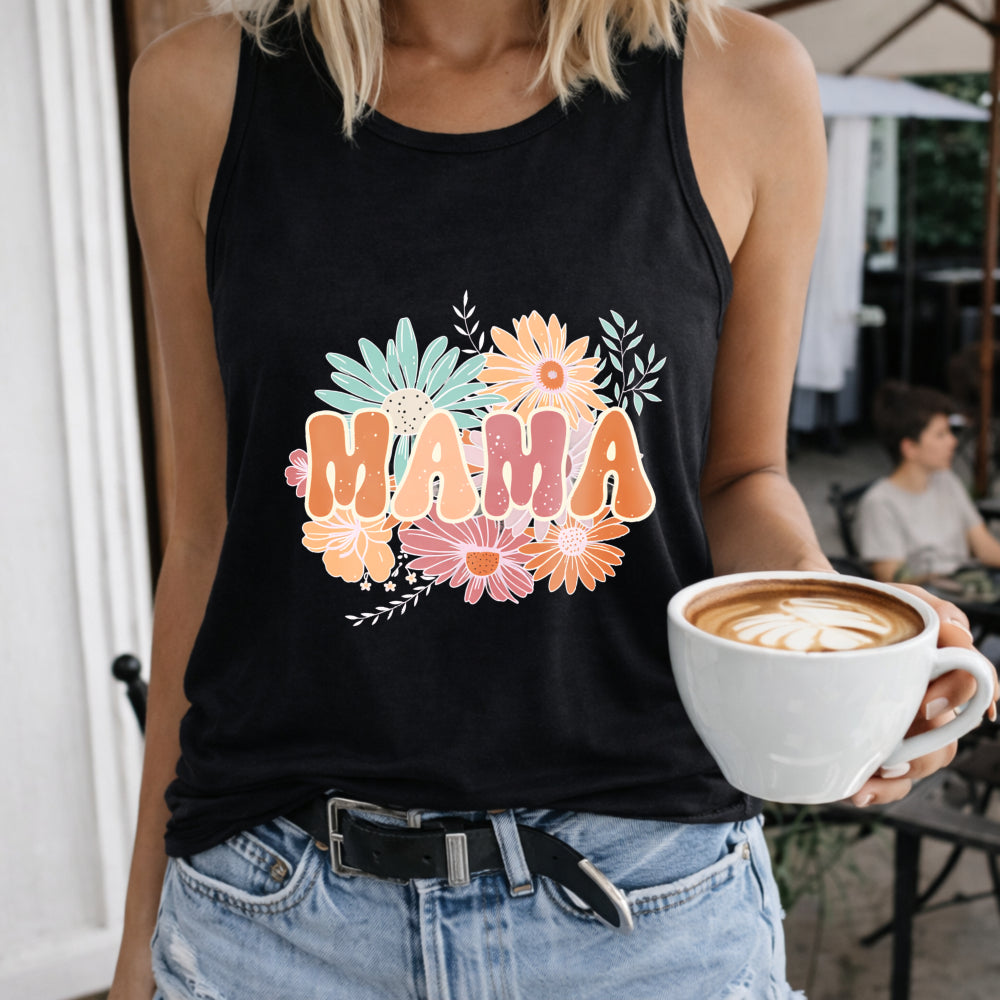 Floral Mama Women's Color Cotton Tank Top in Black