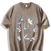 Birds Retro 90s Tattoo Vintage Washed T-Shirt in Brown