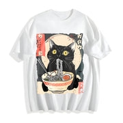 Cat & Ramen Noodles Cotton T-Shirt in White
