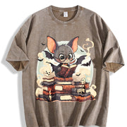 A Playful of a Bespectacled Bat Reading a Magic Book Vintage Washed T-Shirt in Brown