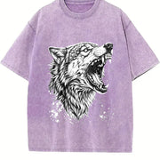 Wolf 90s Retro ® Grunge Howling Wolf Y2k Vintage Washed T-Shirt in Purple