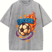 Flaming Soccer Ball Vintage Washed T-Shirt in Gray