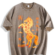 Winter Golden Paper Cut Horse with Red Floral Vintage Washed T-Shirt in Brown