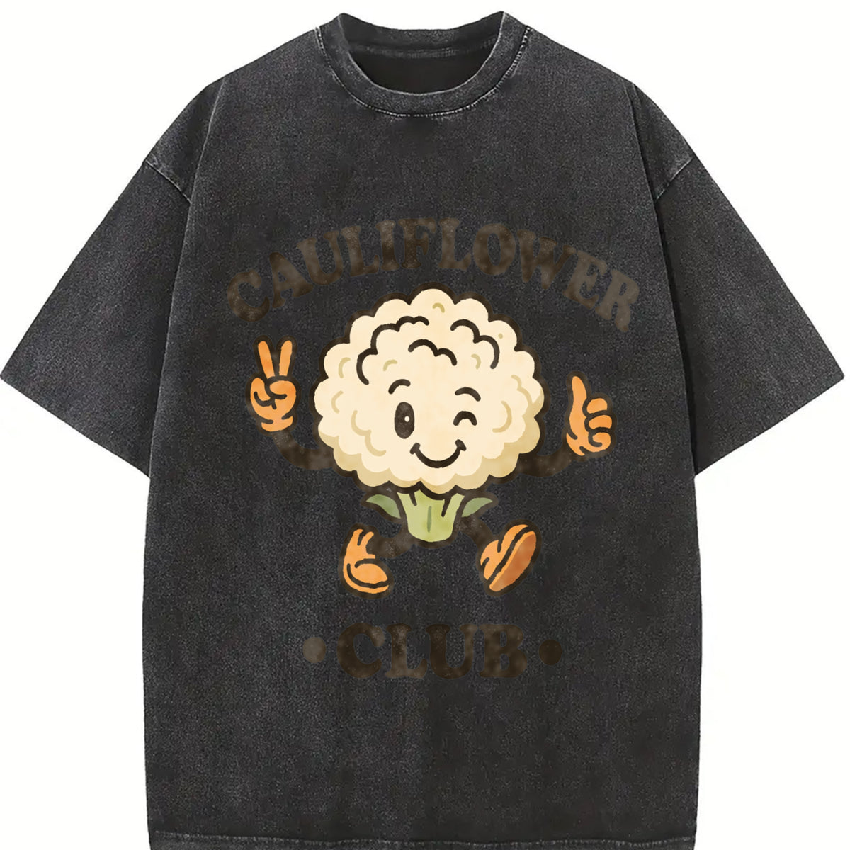 Cauliflower Club Veggie Lover Retro Cartoon Vintage Washed T-Shirt in Black