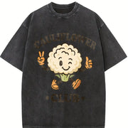 Cauliflower Club Veggie Lover Retro Cartoon Vintage Washed T-Shirt in Black