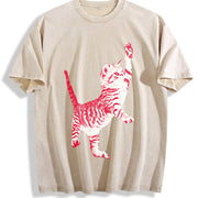 Playful Cat Retro 90s Cute Feline Vintage Washed T-Shirt in Beige