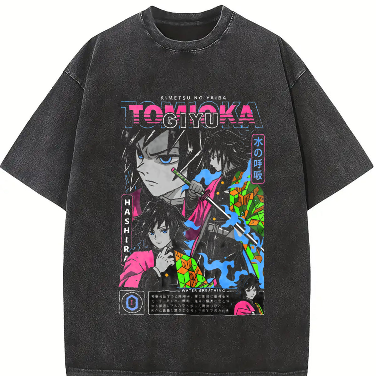 Demon Slayer Anime Tomioka Giyuu Peripheral and Y2K Loose vintage washed oversized T-shirt in Black