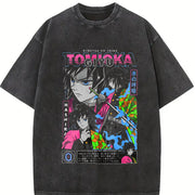 Demon Slayer Anime Tomioka Giyuu Peripheral and Y2K Loose vintage washed oversized T-shirt in Black