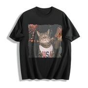 Patriotic Smoking Cat Cotton T-Shirt in Black