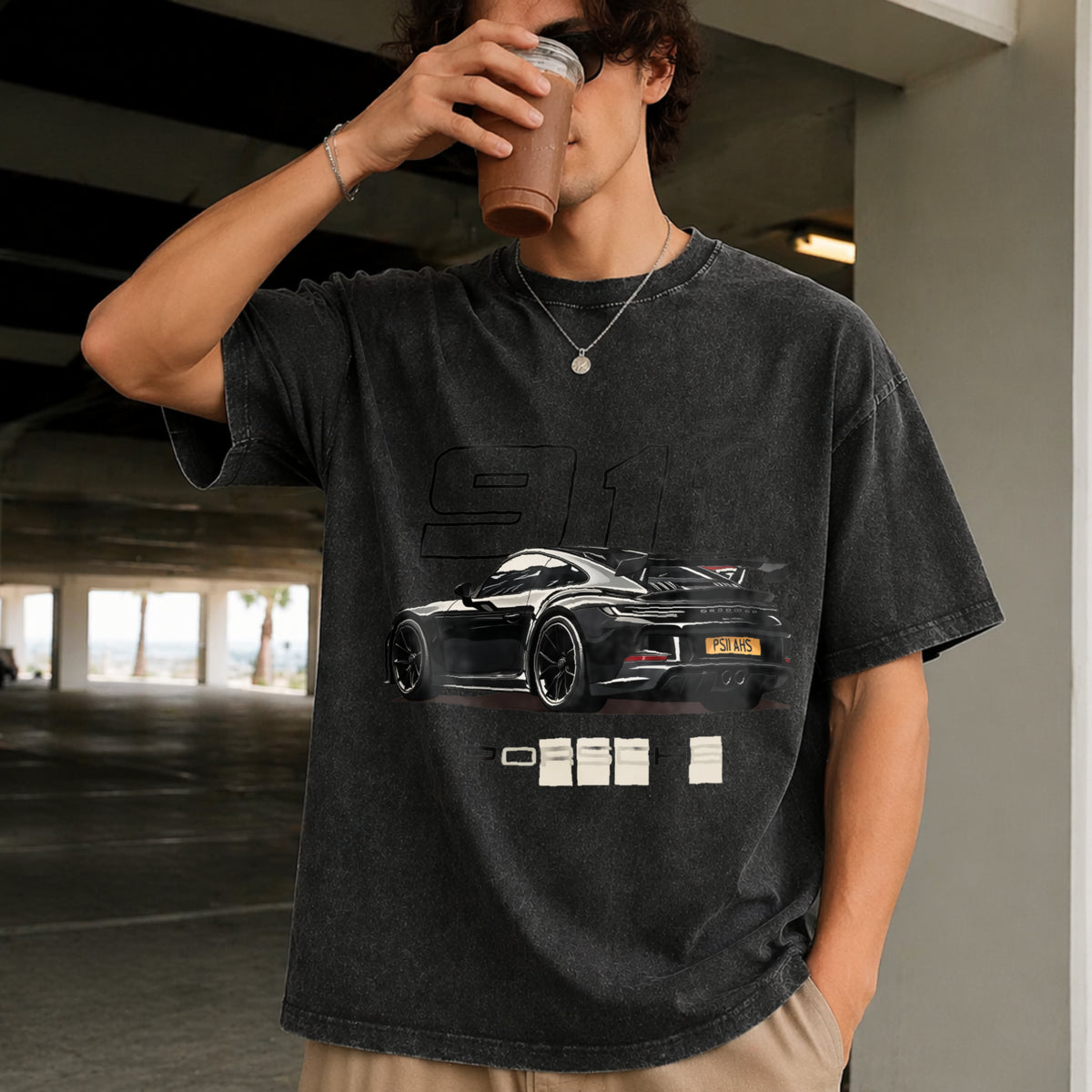 Porsche 911 GT3 Vintage Washed T-Shirt in Black