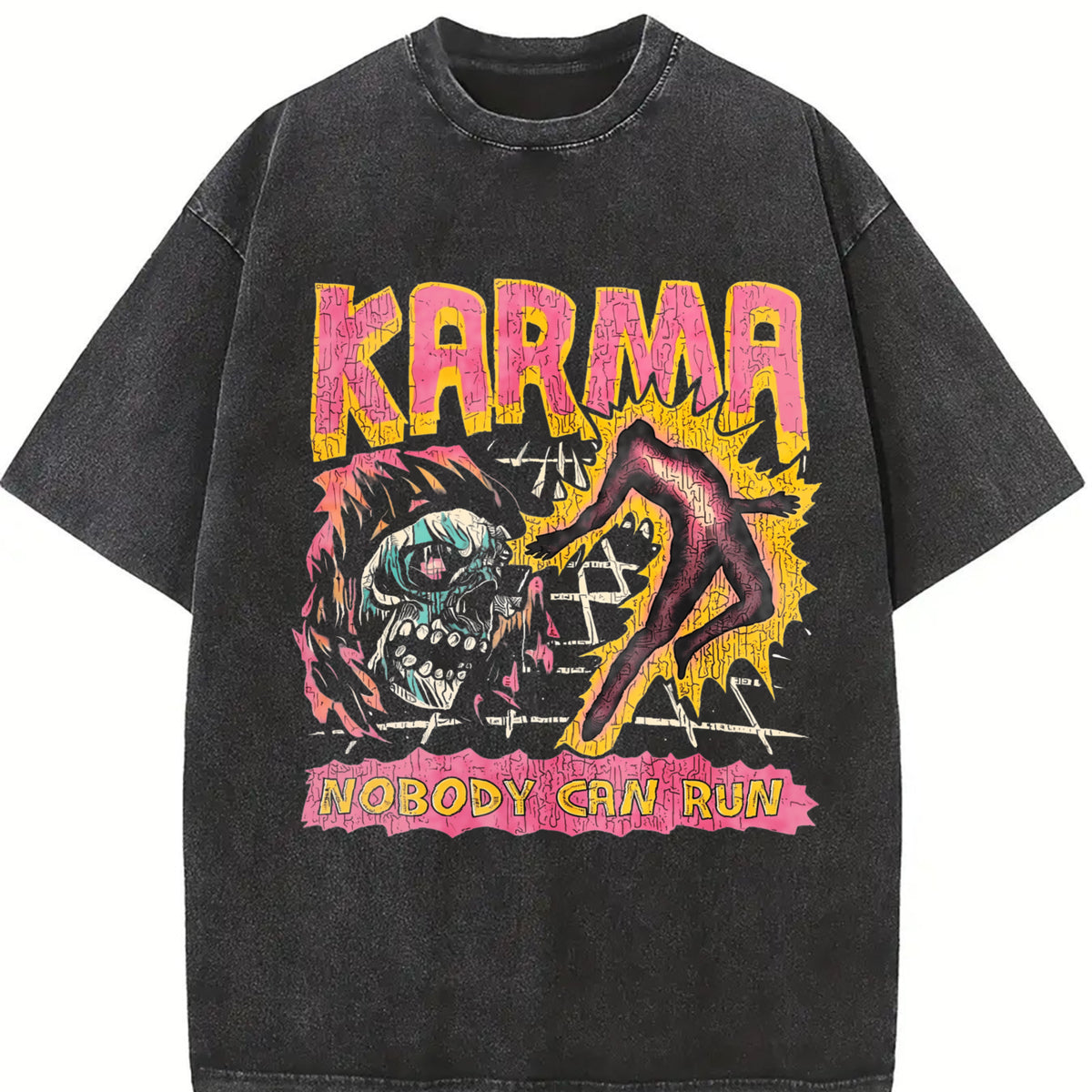 Karma Nobody Can Run Skull Sleeveless Tank Vintage Washed T-Shirt in Black