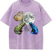 Three Frogs Retro Toads Moon Vintage Washed T-Shirt in Purple