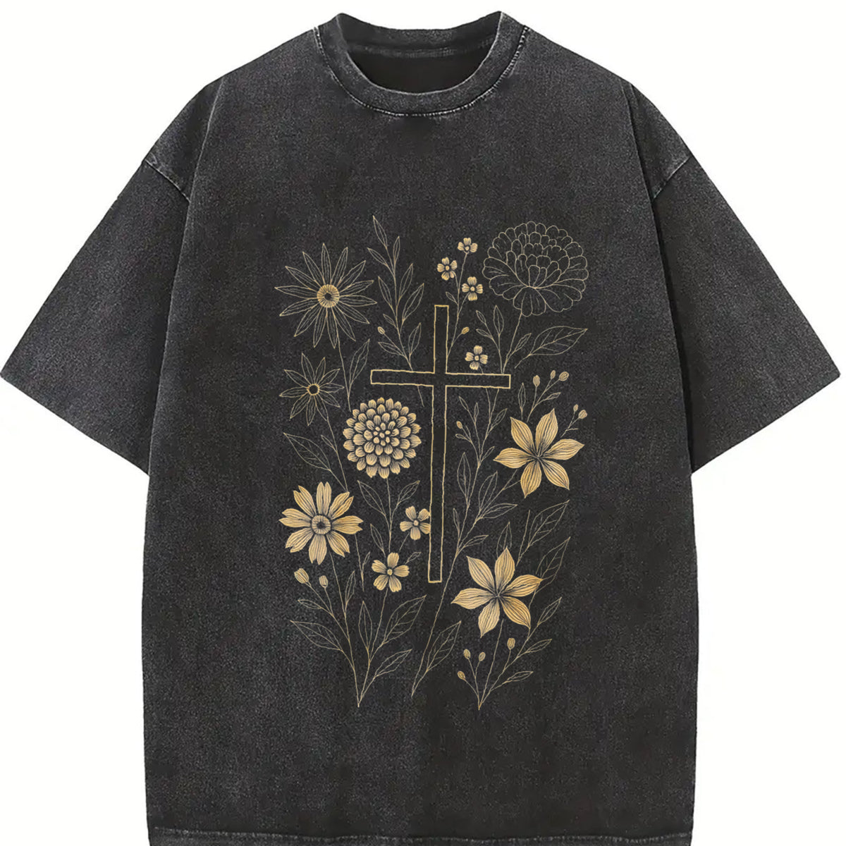 Christian Cross Floral Faith Vintage Washed T-Shirt in Black