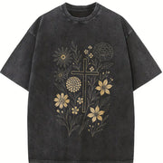 Christian Cross Floral Faith Vintage Washed T-Shirt in Black