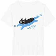 Black Cat Swimming Cotton T-Shirt in White