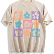 Checkered Flowers Retro Checkered Spring Vintage Washed T-Shirt in Beige