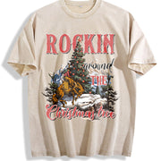 Retro Rocking Around the Christmas Tree Cute Teenager Vintage Washed T-Shirt in Beige
